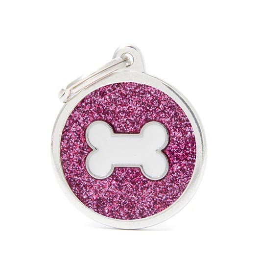 MY FAMILY Shine Big Circle with Bone Tag glitter pink Hundemarke