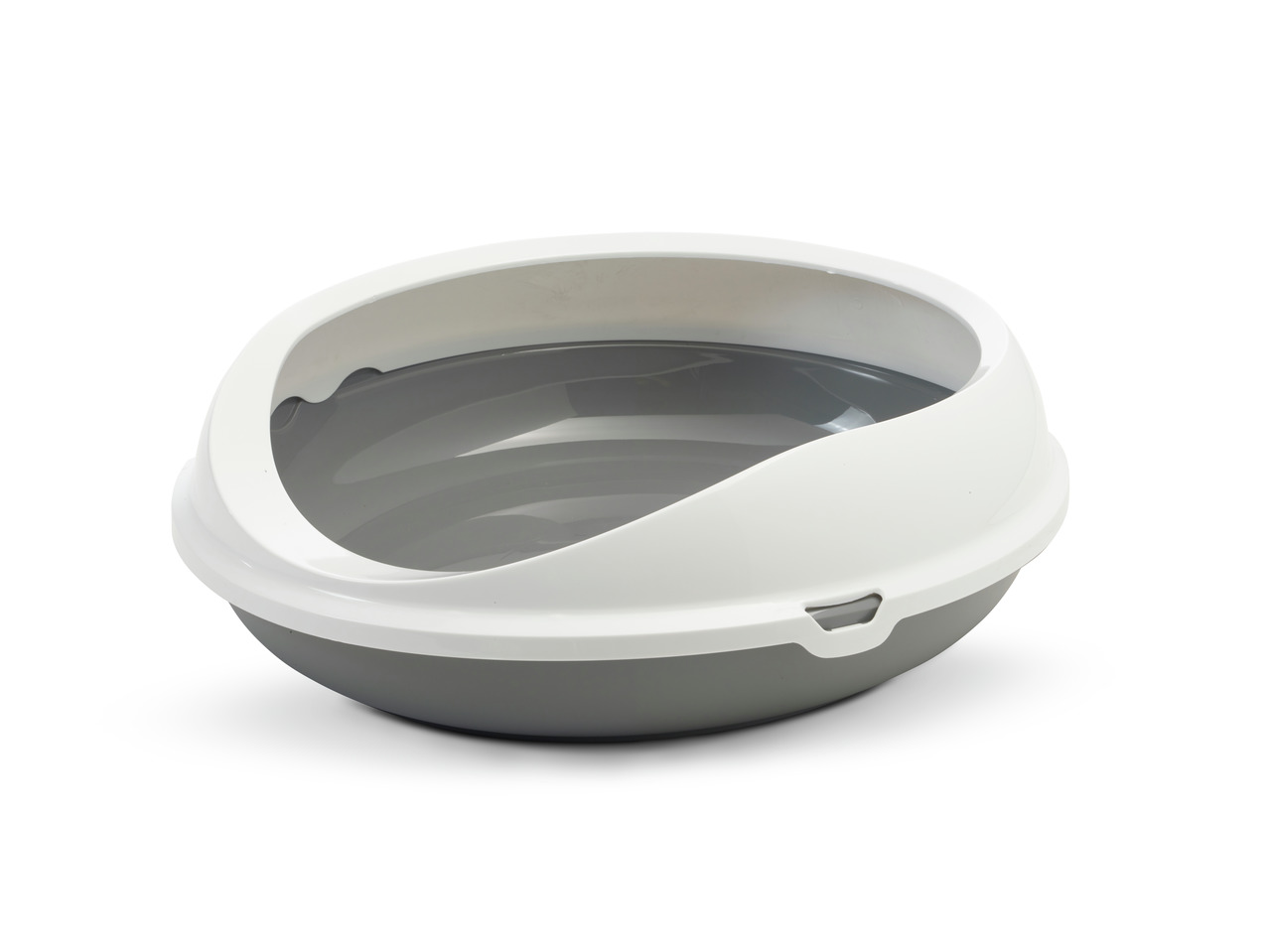 Das Bild zeigt die Katzentoilette "SAVIC Oval Open Cat Litter Tray" in einer modernen, ovalen Form. Sie besteht aus robustem Kunststoff in Grau und Weiß und ist speziell für Katzen entwickelt. Die Toilette verfügt über einen erhöhten Rand, der Streuverlus