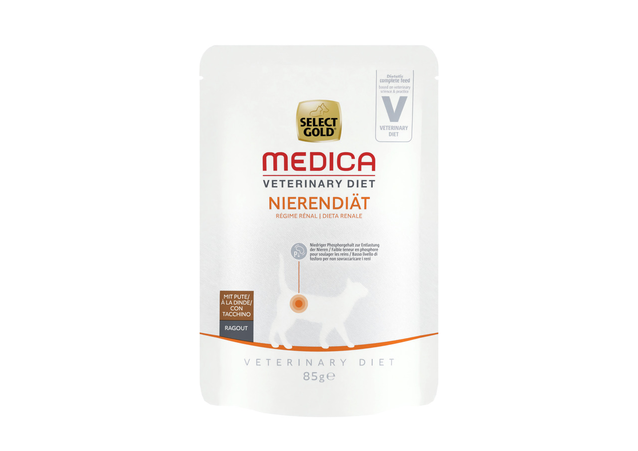 Das Bild zeigt eine Verpackung des Produkts „Select Gold Medica Veterinary Diet Nierendiät“ für Katzen. Es handelt sich um ein diätetisches Alleinfuttermittel zur Unterstützung der Nierenfunktion. Die Geschmacksrichtung ist Pute, und die Menge beträgt 85 