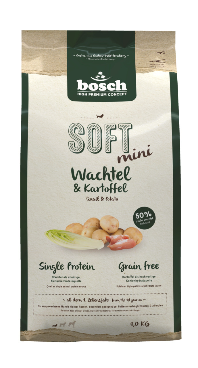 Das Bild zeigt eine Verpackung des Hundefutters „bosch High Premium Concept SOFT mini Wachtel & Kartoffel“. Es ist speziell für kleine Hunderassen entwickelt und enthält 1,0 kg. Die Rezeptur ist getreidefrei, basiert auf Single Protein (Wachtel) und ist f