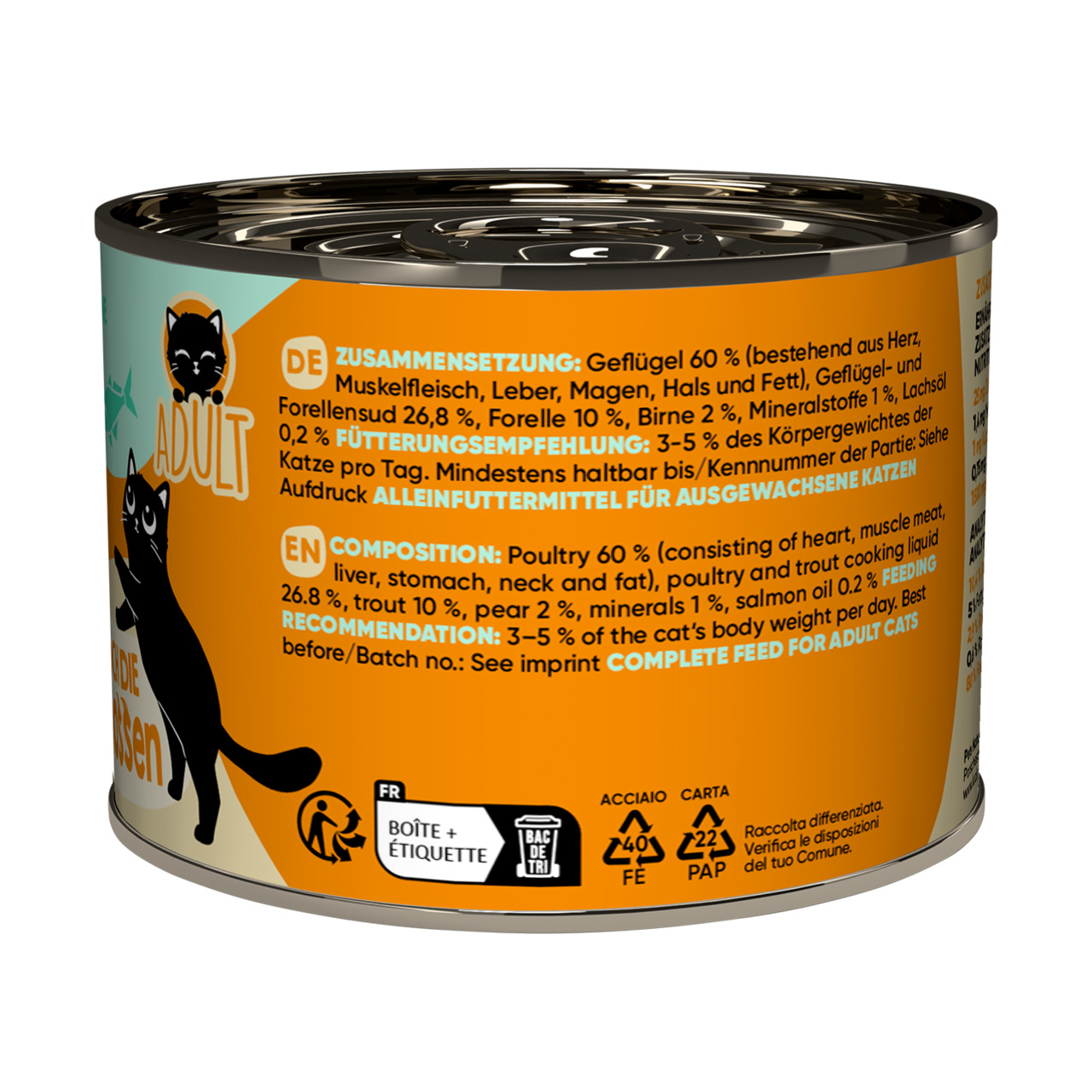 Lucky Lou Katzenfutter Geflügel, Forelle & Birne, 400 g, Alleinfutter f. erw. Katzen, 60 % Geflügel, 10 % Forelle, 2 % Birne.