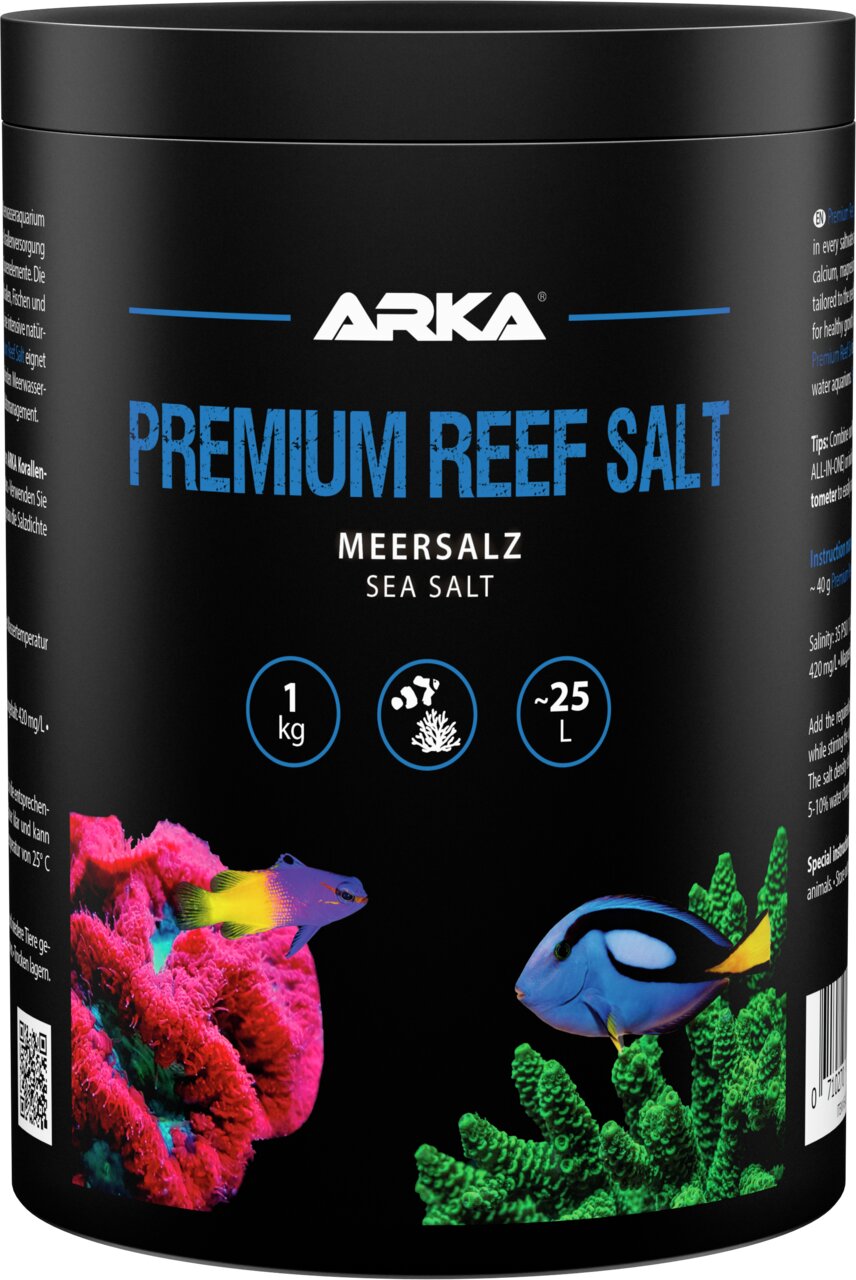 ARKA Premium Reef Salt: Meersalz für Korallenriff-Aquarien, 1 kg, reicht für 25 L Wasser, ideal für bunte Korallen & tropische Fische.