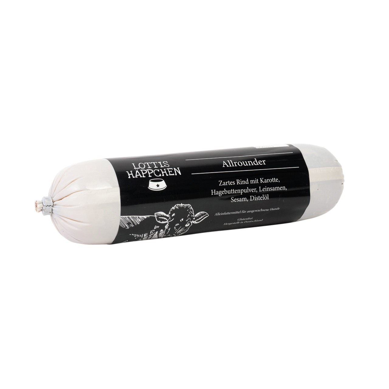 Lottis Häppchen Allrounder: Alleinfutter f. erw. Hunde, zartes Rind, Karotte, Hagebuttenpulver, Leinsamen, Sesam, Distelöl.