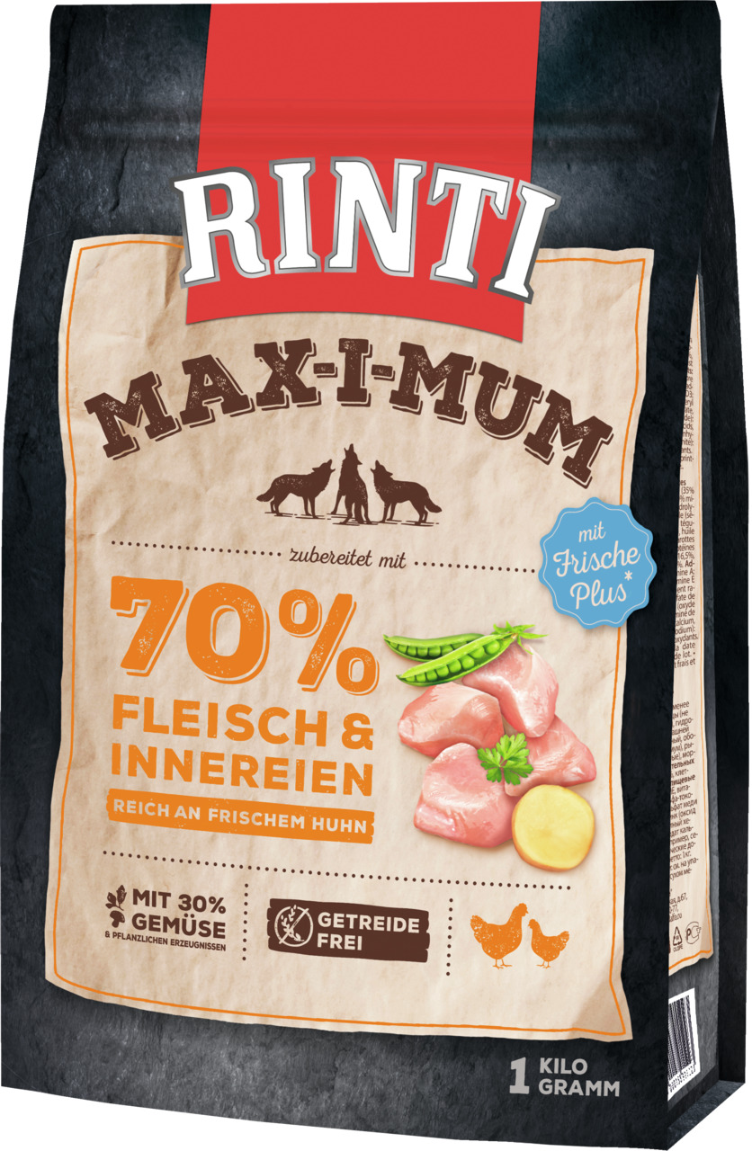 RINTI Max-i-mum Hundefutter, erw. Hunde, Huhn, 70 % Fleisch+Innereien, 30 % Gemüse, getreidefrei, „Frische Plus“, 1 kg.