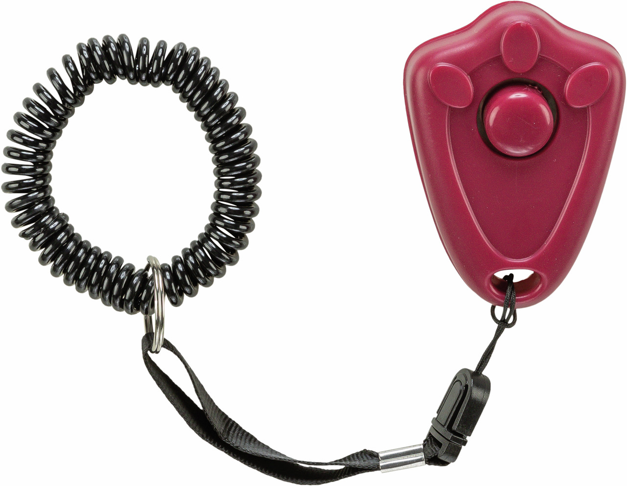 Das Bild zeigt den TRIXIE Dog Activity Clicker in einer pfotenförmigen, dunkelroten Ausführung mit einem schwarzen, elastischen Spiralarmband und einer Handschlaufe. Der Clicker ist ein Trainingsgerät für Hunde, das positive Verstärkung unterstützt. Ideal