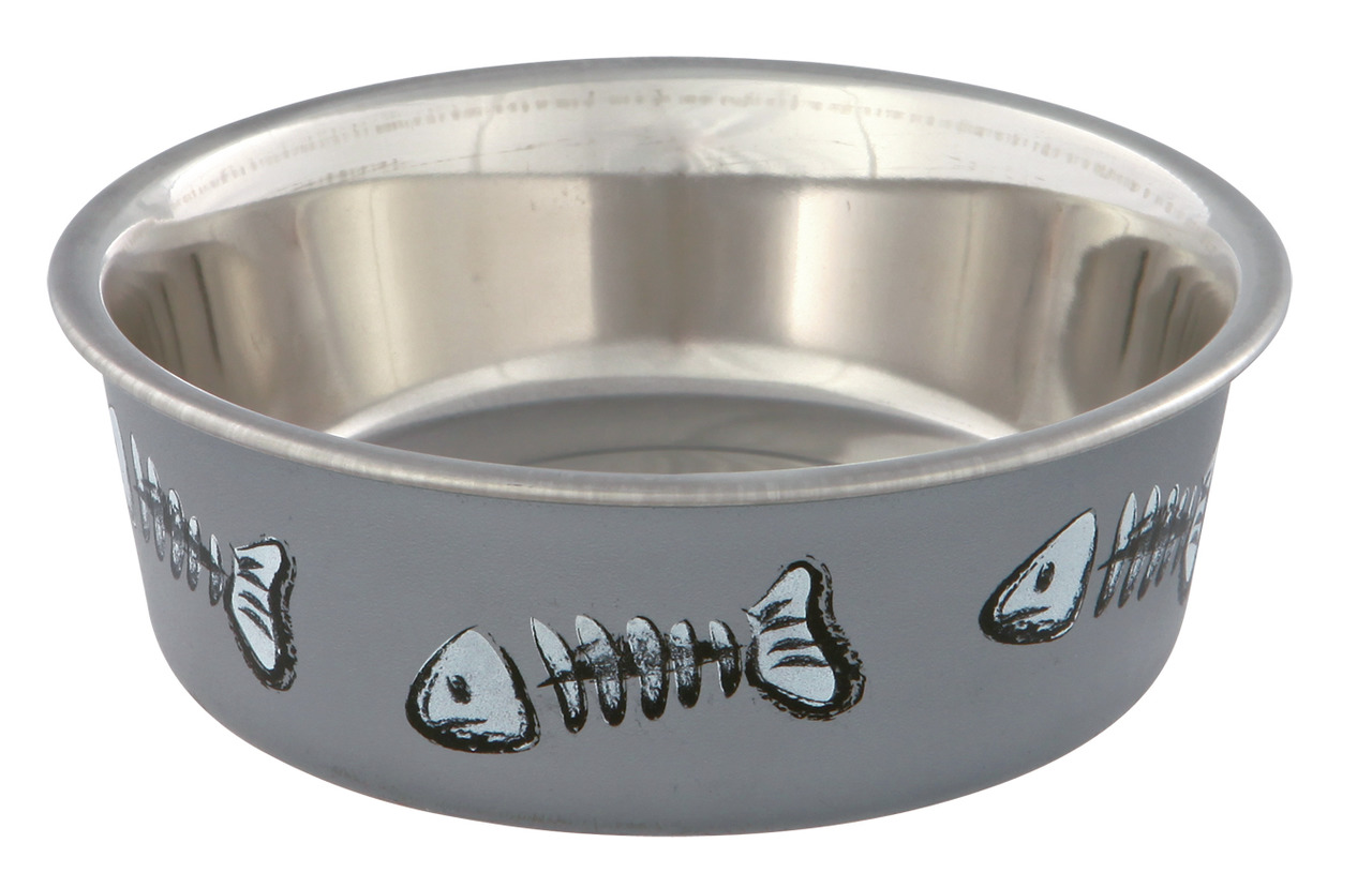TRIXIE Futternapf für Katzen, Edelstahl, grau mit Fischgrätenmuster, rutschfest, robust, leicht zu reinigen, ideal für Futter-Wasser.