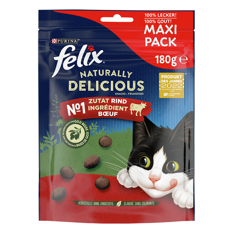 Das Bild zeigt eine Verpackung von "Purina Felix Naturally Delicious" Katzensnacks in der Geschmacksrichtung Rind. Die Zielgruppe sind Katzen. Die Verpackung ist ein Maxi Pack mit 180 g Inhalt. Werbeaussagen wie "100% lecker!" und "Produkt des Jahres 2022