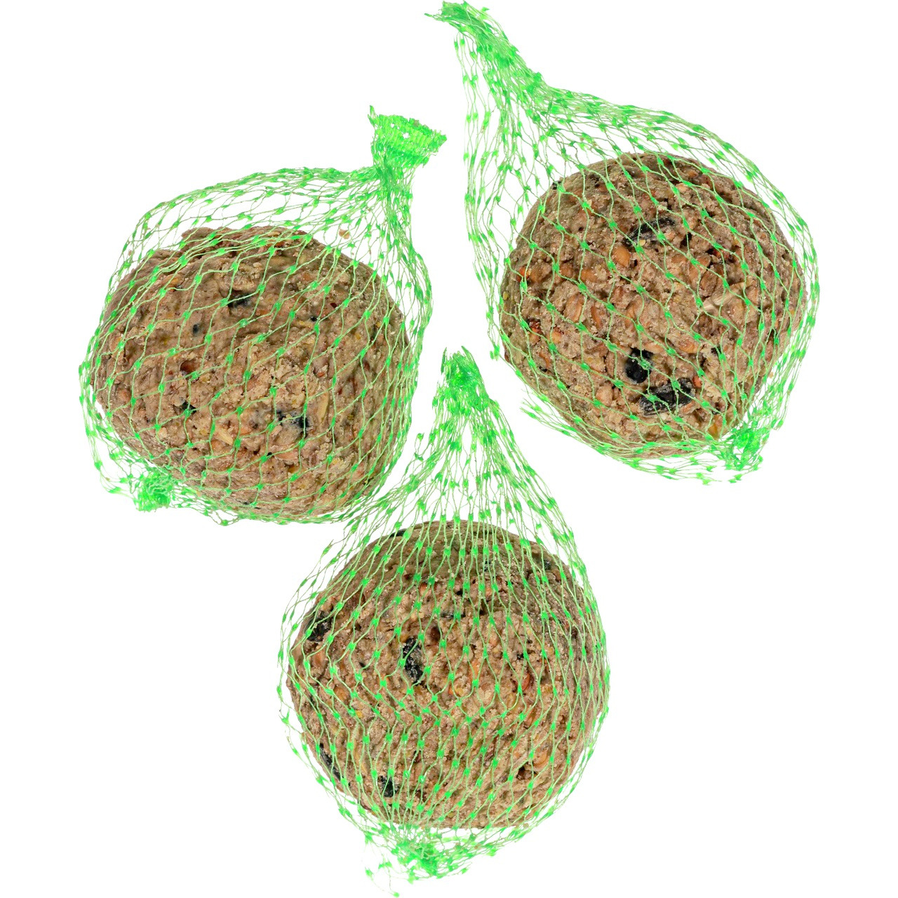 Drei Meisenknödel der Marke Lottis Piepmätze, verpackt in grünem Netz, ideal für Wildvögel. Die Knödel enthalten eine Mischung aus Samen und Getreide, die speziell für die Bedürfnisse von Wildvögeln entwickelt wurde. Perfekt für die Fütterung im Garten od