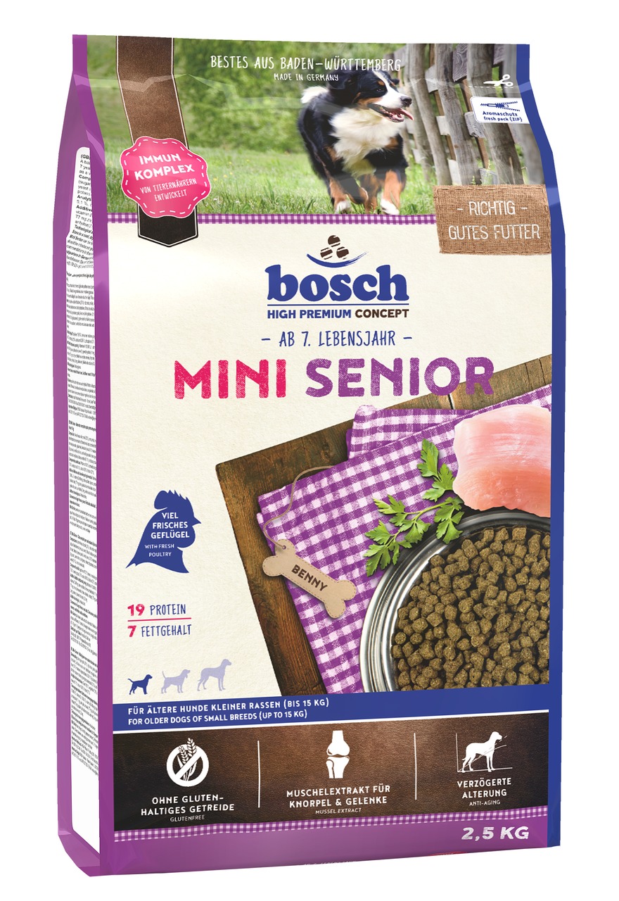 bosch High Premium Concept Mini Senior, 2,5 kg, Hundefutter für ältere kl. Rassen ab 7 J., Geflügel, 19 % Protein, 7 % Fett, glutenfrei.