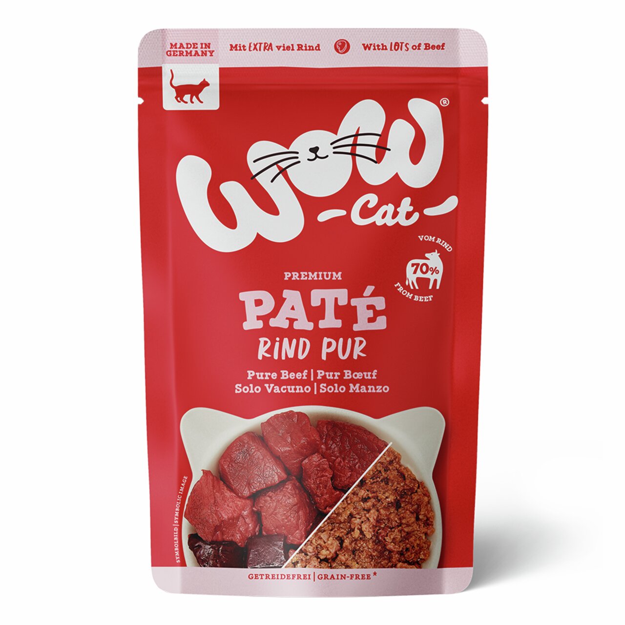WOW CAT Premium Paté Rind Pur für Katzen, 70 % Rind, getreidefrei, Geschmacksr. Rind, hergestellt in DE, 125 g.