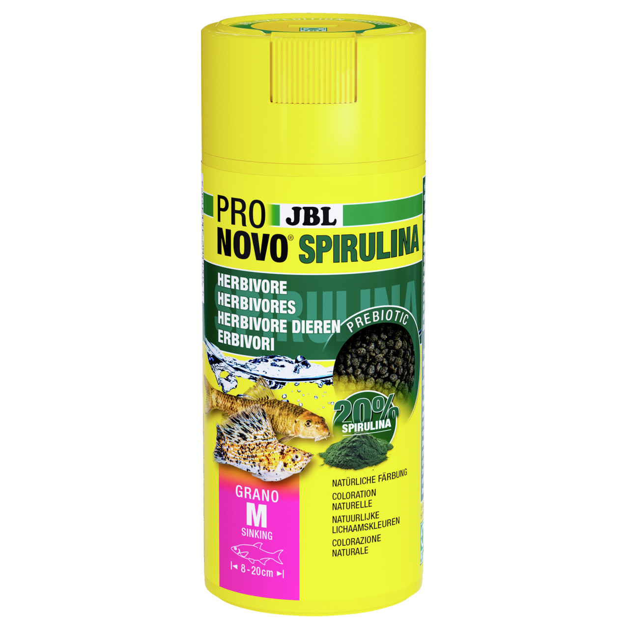 JBL ProNovo Spirulina Grano M, Fischfutter f. pflanzenfressende Zierfische, 20 % Spirulina, fördert Färbung & Verdauung, 8-20 cm, gelb, 125 g.