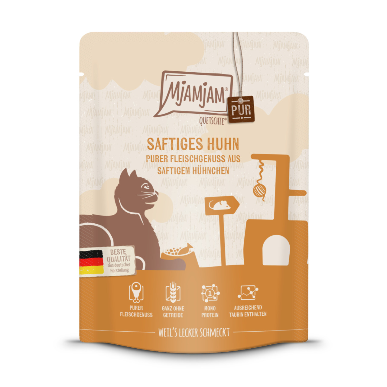 Sparpaket 6 x 300 g Mjamjam Quetschie Saftiges Huhn purer Fleischgenuss aus saftigem Hühnchen Katzen Nassfutter