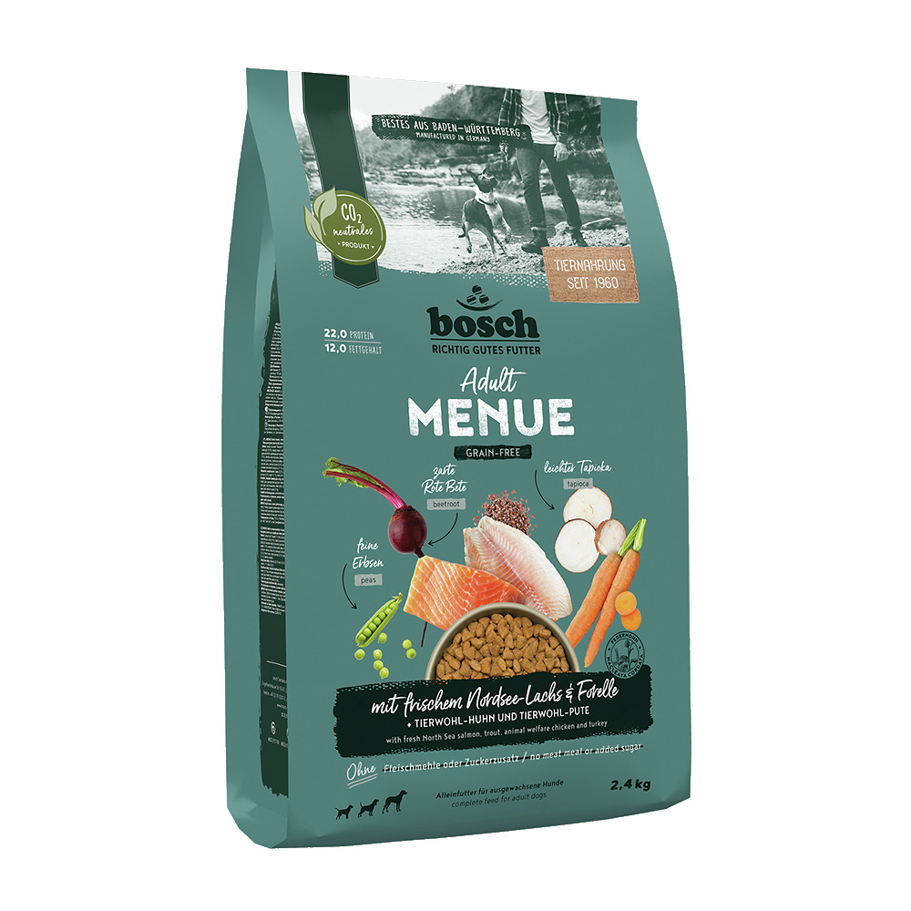 bosch Adult Menue Grain-Free, 2,4 kg, für ausgew. Hunde, mit Lachs, Forelle, Huhn, Pute, getreidefrei, mit Rote Bete, Erbsen, Tapioka.