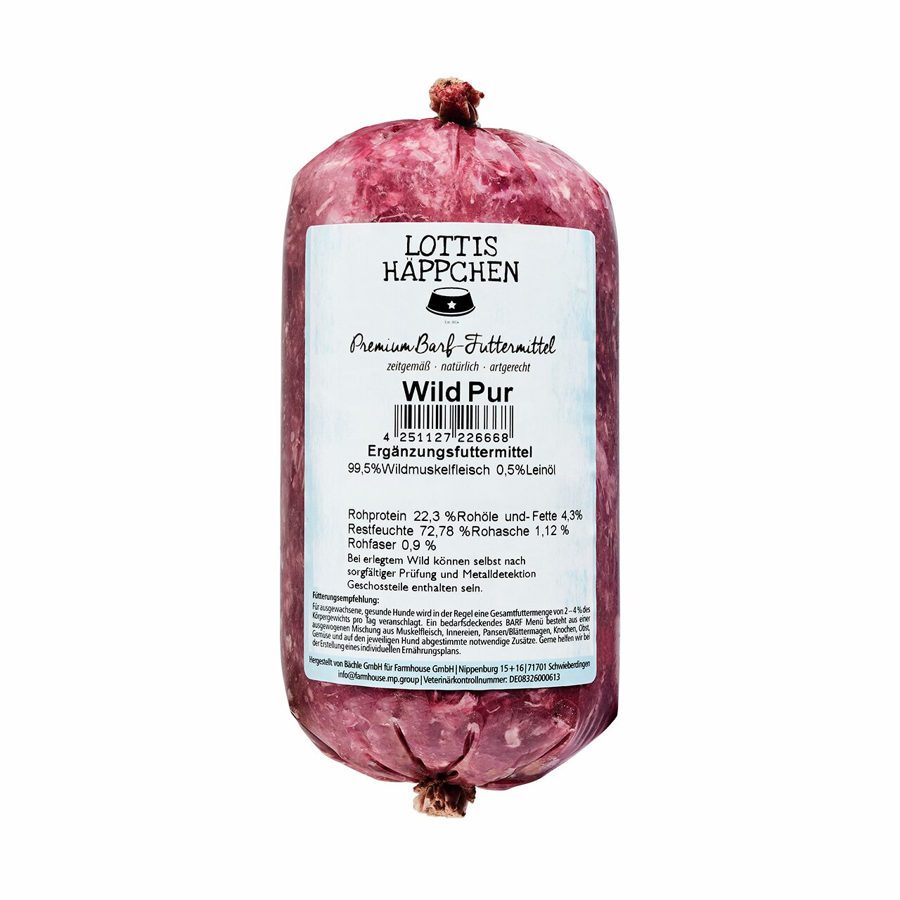 Lottis Häppchen Wild Pur, BARF-Ergänzungsfutter für Hunde, 99,5 % Wild, 0,5 % Leinöl, 500 g, artgerecht, natürlich, zusatzstofffrei.