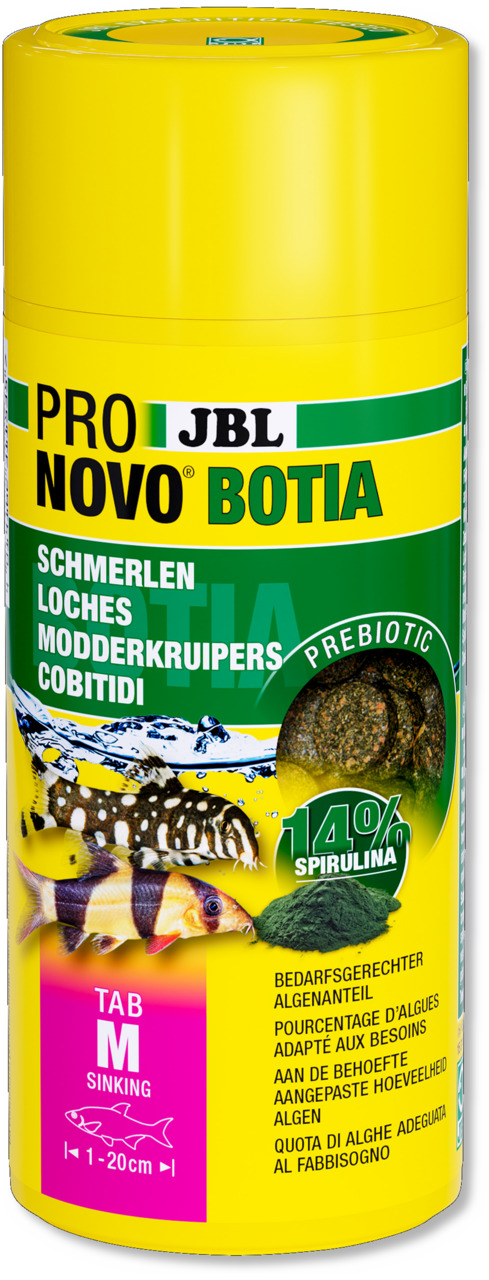 JBL ProNovo Botia Fischfutter für Schmerlen & Bodenfische, 14 % Spirulina, abgestimmt auf 1-20 cm Fische, mittlere sinkende Tabs.