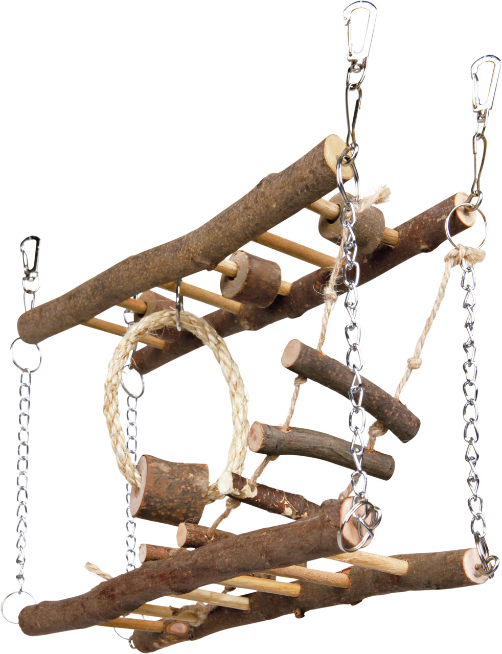 Hängebrücke von TRIXIE aus Naturholz, geeignet für Kleintiere wie Hamster oder Vögel. Die Brücke bietet vielseitige Klettermöglichkeiten mit Leitern, Seilen und Holzstufen. Ideal zur Förderung von Bewegung und Spiel. Maße und Gewicht sind auf dem Bild nic