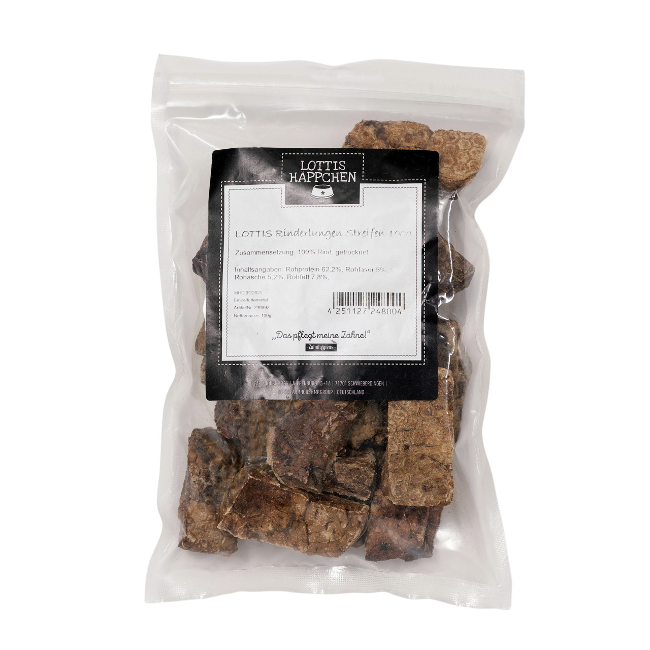 LOTTIS HÄPPCHEN Rinderlungen-Streifen, Hundesnack, 100 % Rind, 100 g, „Das pflegt meine Zähne!“, für Hunde.