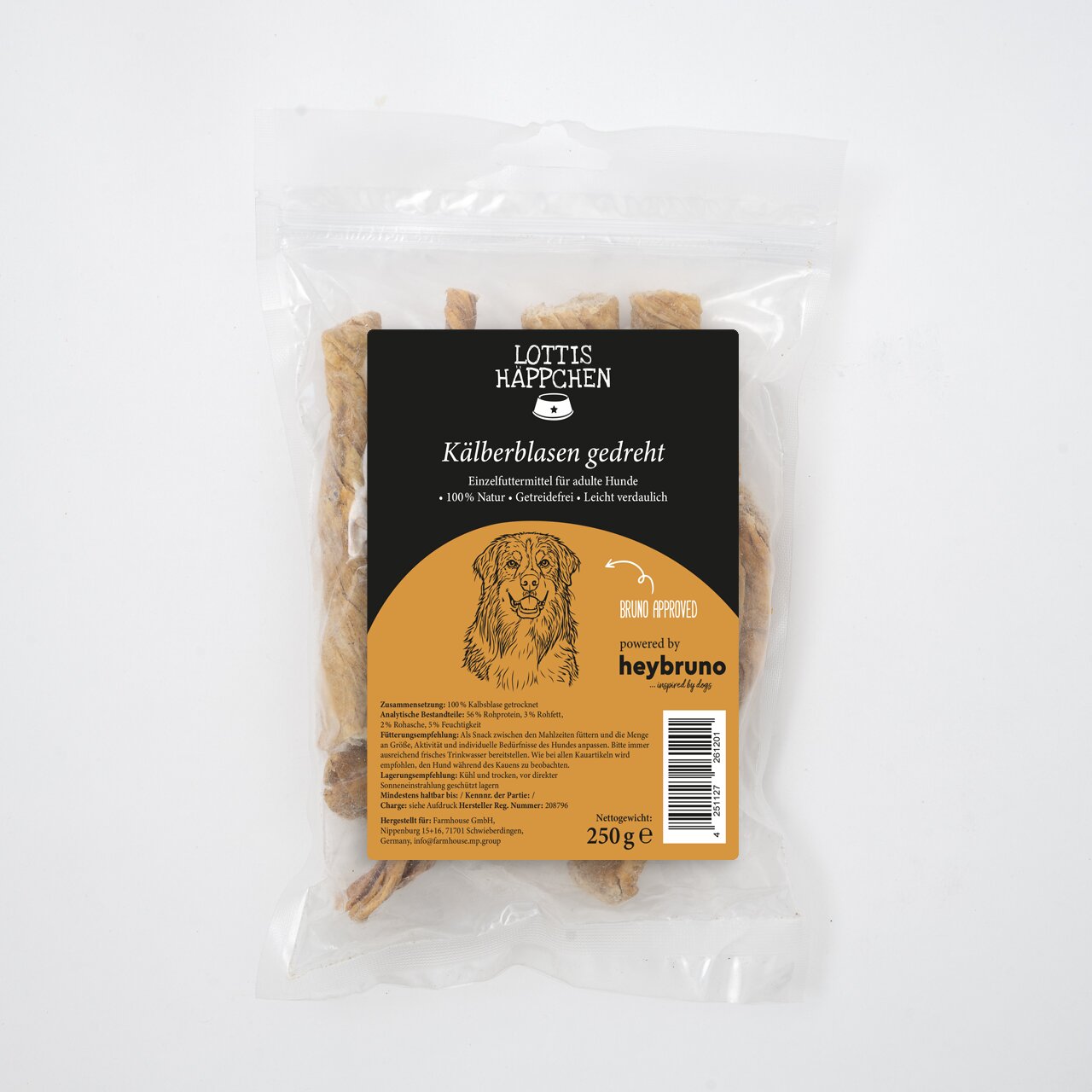 LOTTIS HÄPPCHEN Kälberblasen gedreht für Hunde, Kausnack mit Kalb, 100% Natur, getreidefrei, leicht verdaulich, 250 g.