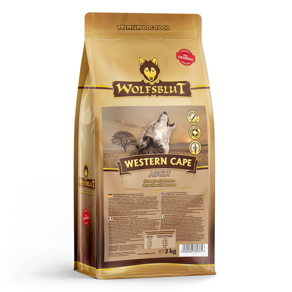 Das Bild zeigt eine goldfarbene Verpackung des Hundefutters „Wolfsblut Western Cape Adult“ mit Strauß und Banane. Es ist speziell für ausgewachsene Hunde entwickelt. Die Verpackung enthält 2 kg Premium-Trockenfutter und hebt natürliche Zutaten sowie gesun