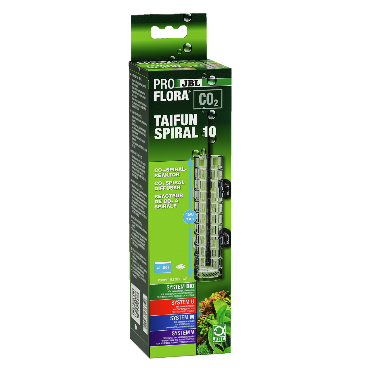 JBL ProFlora Taifun Spiral 10: CO2-Spiralreaktor für Aquarien (40-400 l), effiziente CO2-Diffusion, Höhe 190 mm, grüne Verpackung.