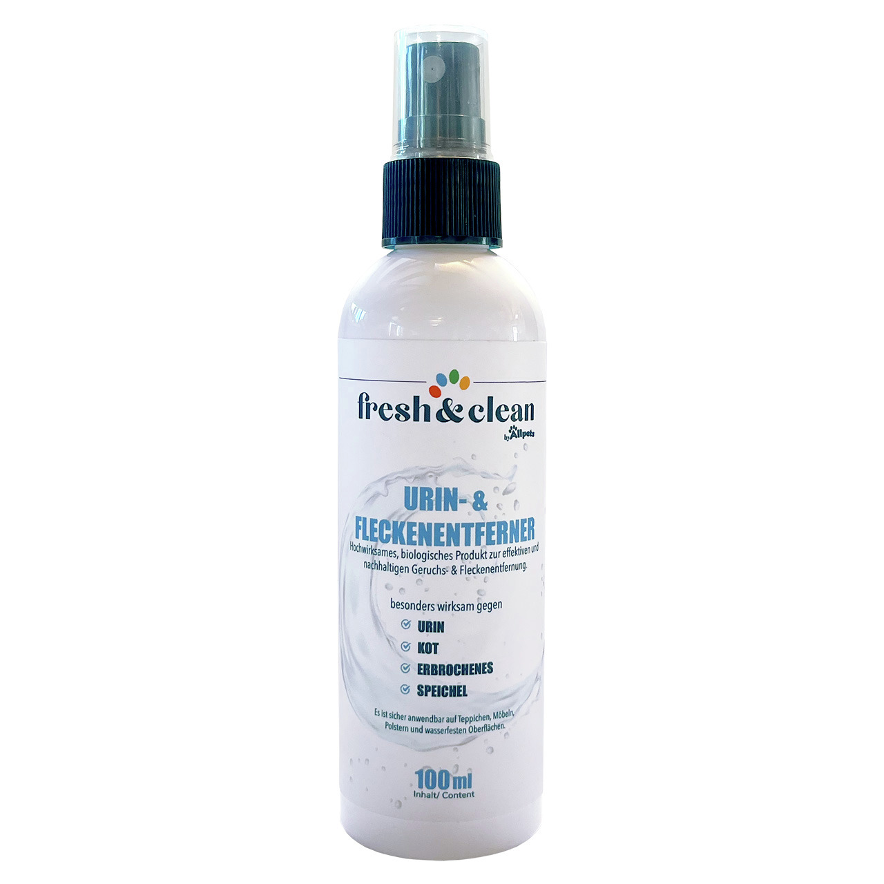 Das Bild zeigt eine weiße Sprühflasche des Produkts „fresh & clean Urin- & Fleckenentferner“ der Marke Allpets. Die Flasche enthält 100 ml und ist speziell für Tierhalter entwickelt. Sie entfernt effektiv Gerüche und Flecken von Urin, Kot, Erbrochenem und
