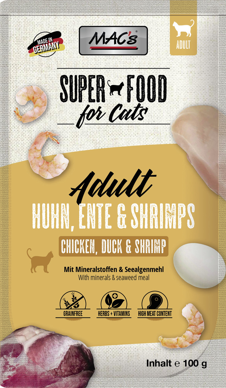 MAC's Superfood for Cats, Huhn-Ente-Shrimps, Adult, getreidefrei, reich an Fleisch, mit Kräutern-Vitaminen, 100 g.
