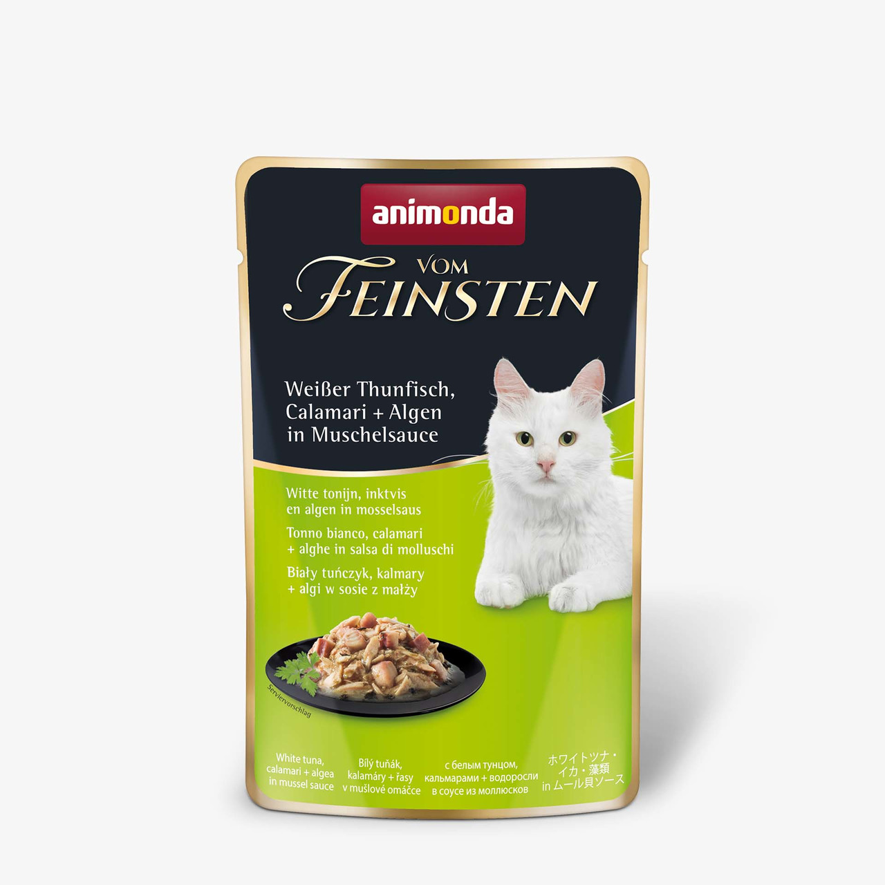 animonda Vom Feinsten Katzenfutter, Weißer Thunfisch, Calamari & Algen in Muschelsauce, für ausgewachsene Katzen, Standbeutel.