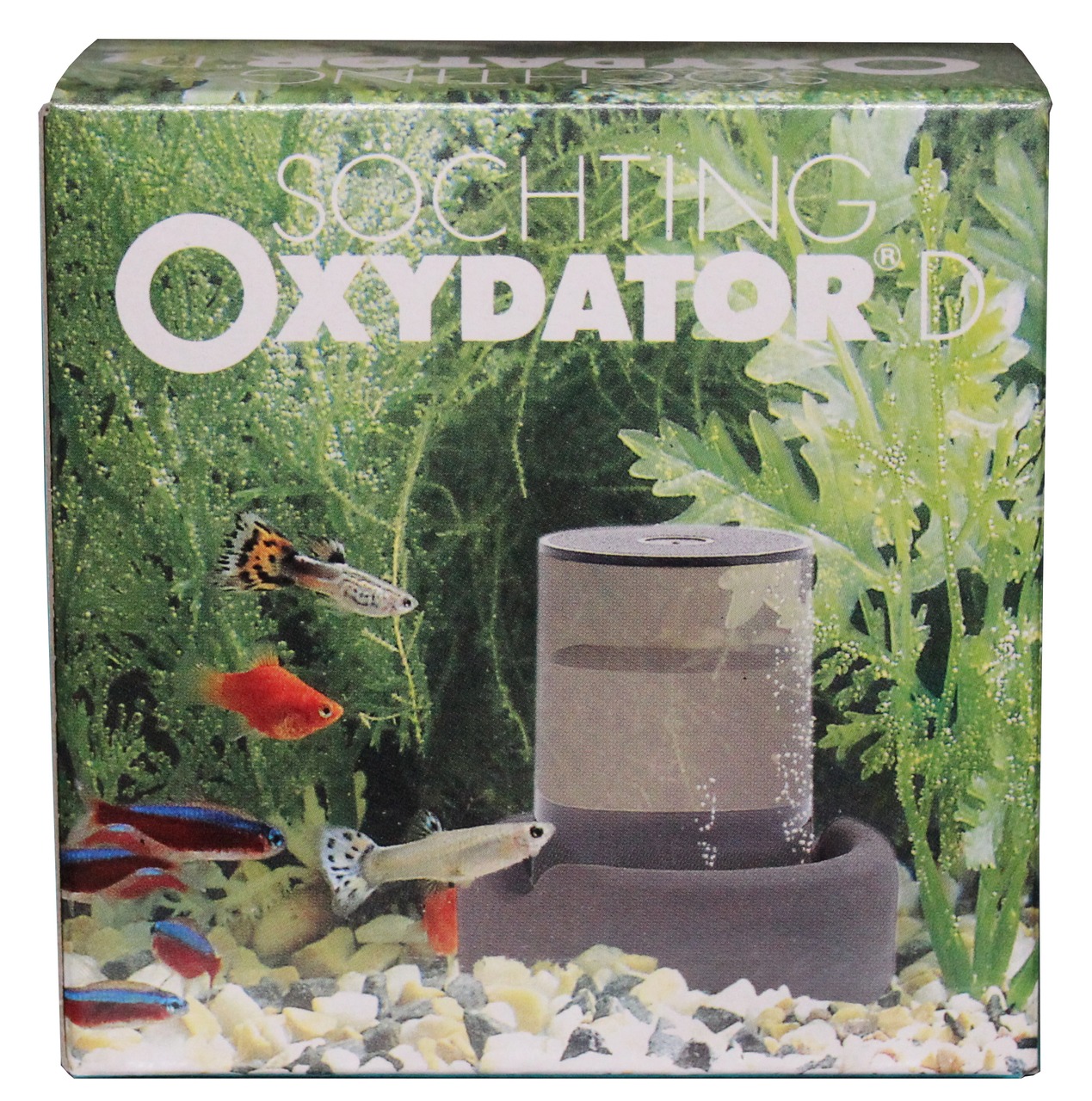 Das Bild zeigt den Söchting Oxydator D, ein Produkt für die Sauerstoffversorgung in Aquarien. Zielgruppe sind Aquarienbesitzer, die eine optimale Wasserqualität für ihre Fische und Pflanzen gewährleisten möchten. Abgebildet ist das Gerät in einem bepflanz
