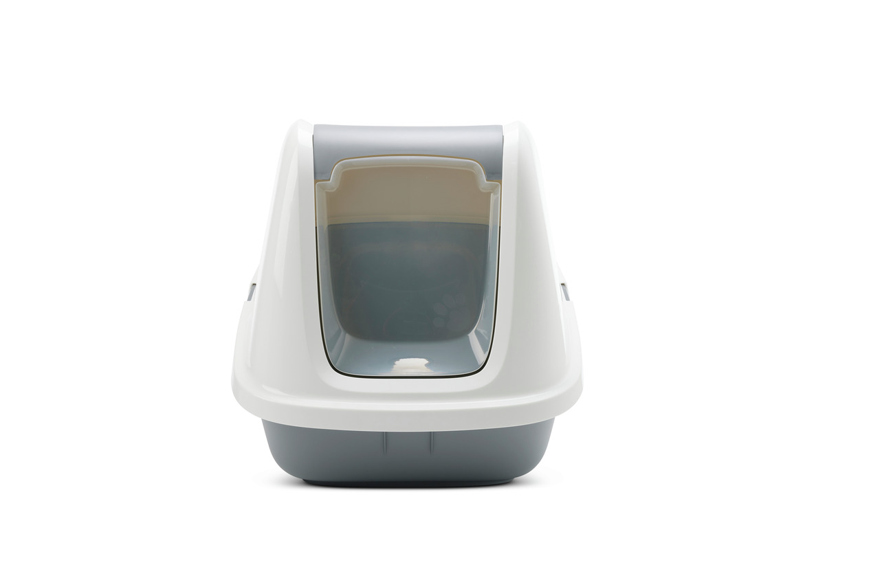 Das Bild zeigt die Savic Katzentoilette Hop In, eine moderne und geschlossene Katzentoilette für Katzen. Sie ist in Weiß und Grau gehalten und verfügt über einen Einstieg von oben, der Streuverlust minimiert. Ideal für Katzenbesitzer, die eine saubere und