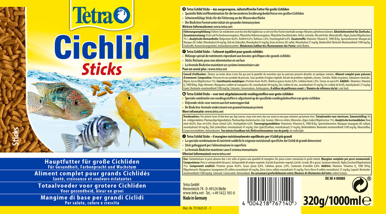 Tetra Cichlid Sticks, Hauptfutter für große Cichliden, fördert Gesundheit, Farben & Wachstum, 320 g/1000 ml.