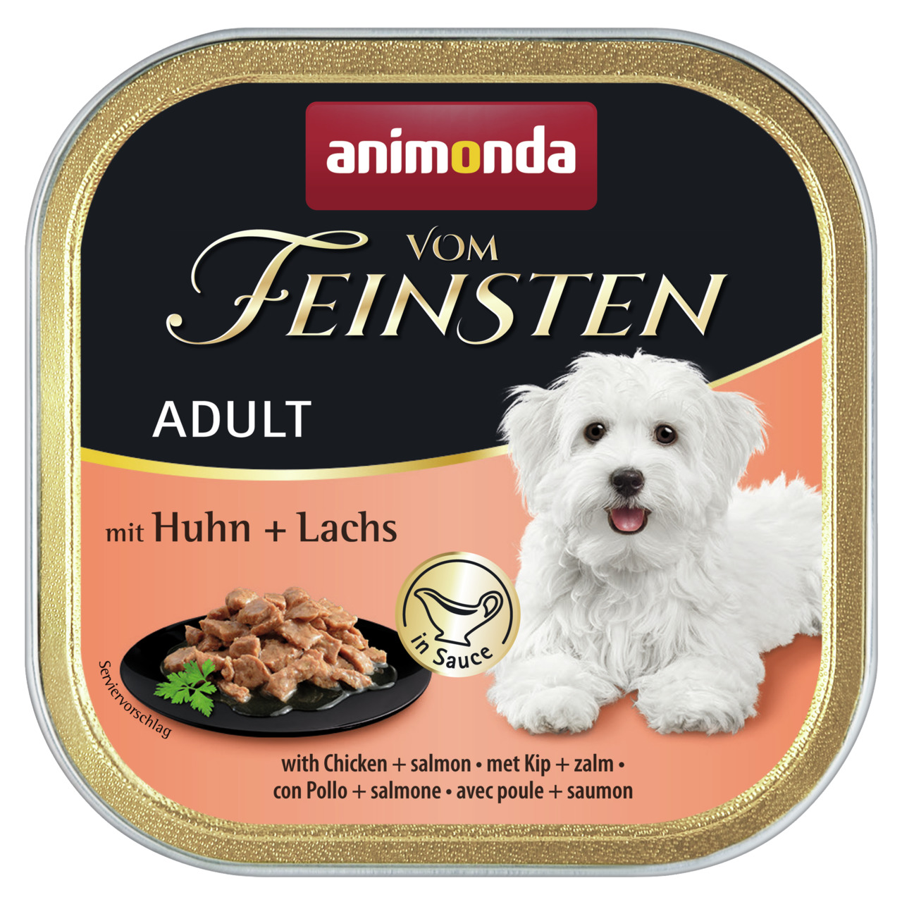 animonda Vom Feinsten Adult in Sauce Huhn + Lachs 150g Schale Hundenassfutter