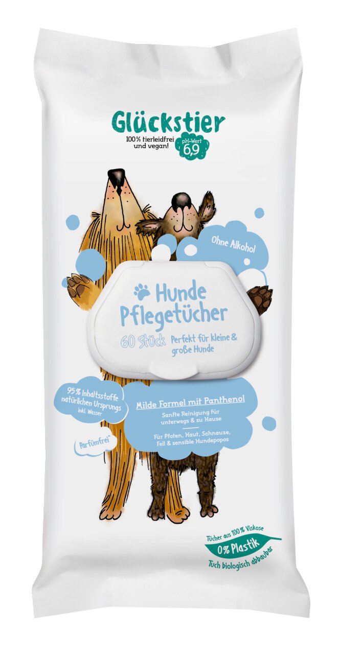 Glückstier Hunde Pflegetücher für kleine und große Hunde, parfümfrei, ohne Alkohol, 60 Stück, milde Formel mit Panthenol