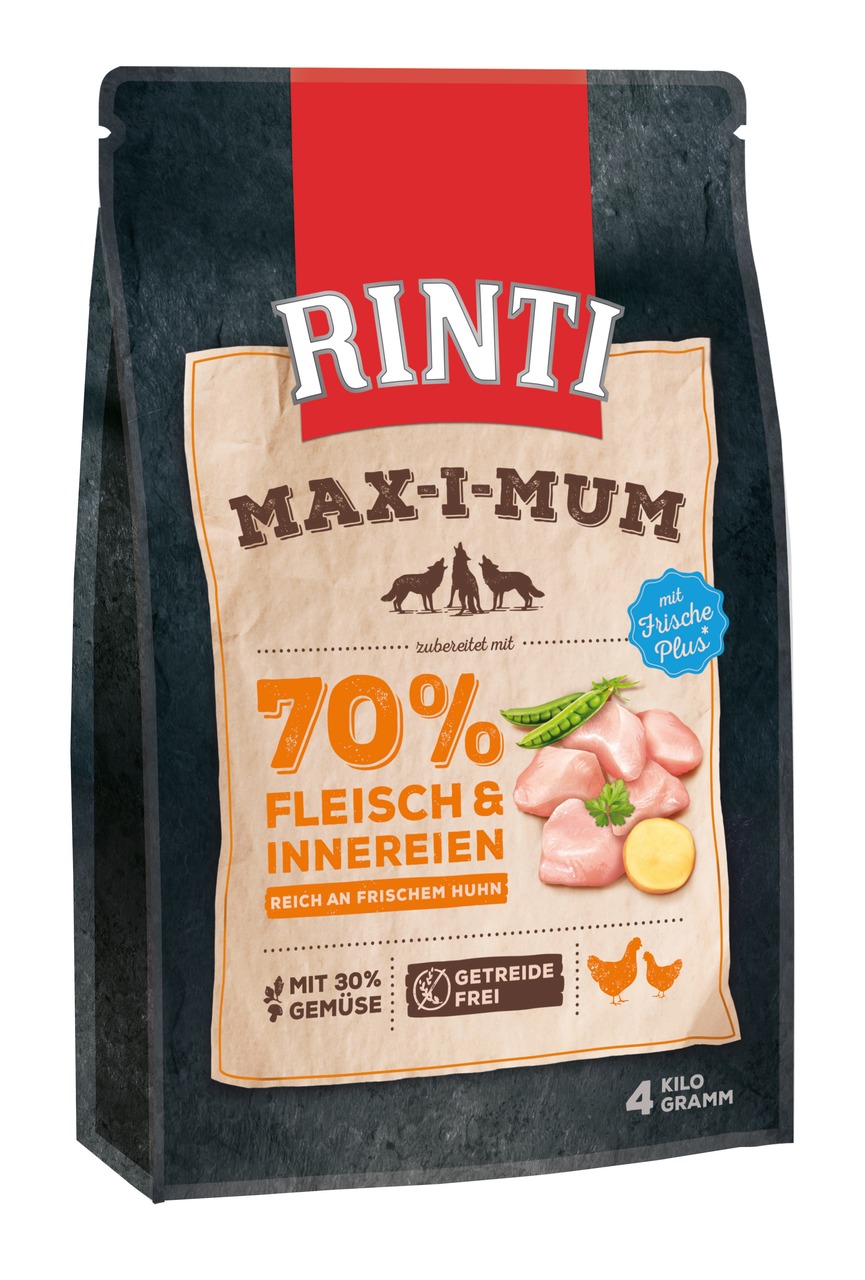 RINTI Max-i-mum Hundefutter, für ausgew. Hunde, 70 % Fleisch & Innereien, frisches Huhn, getreidefrei, 30 % Gemüse, 4 kg.