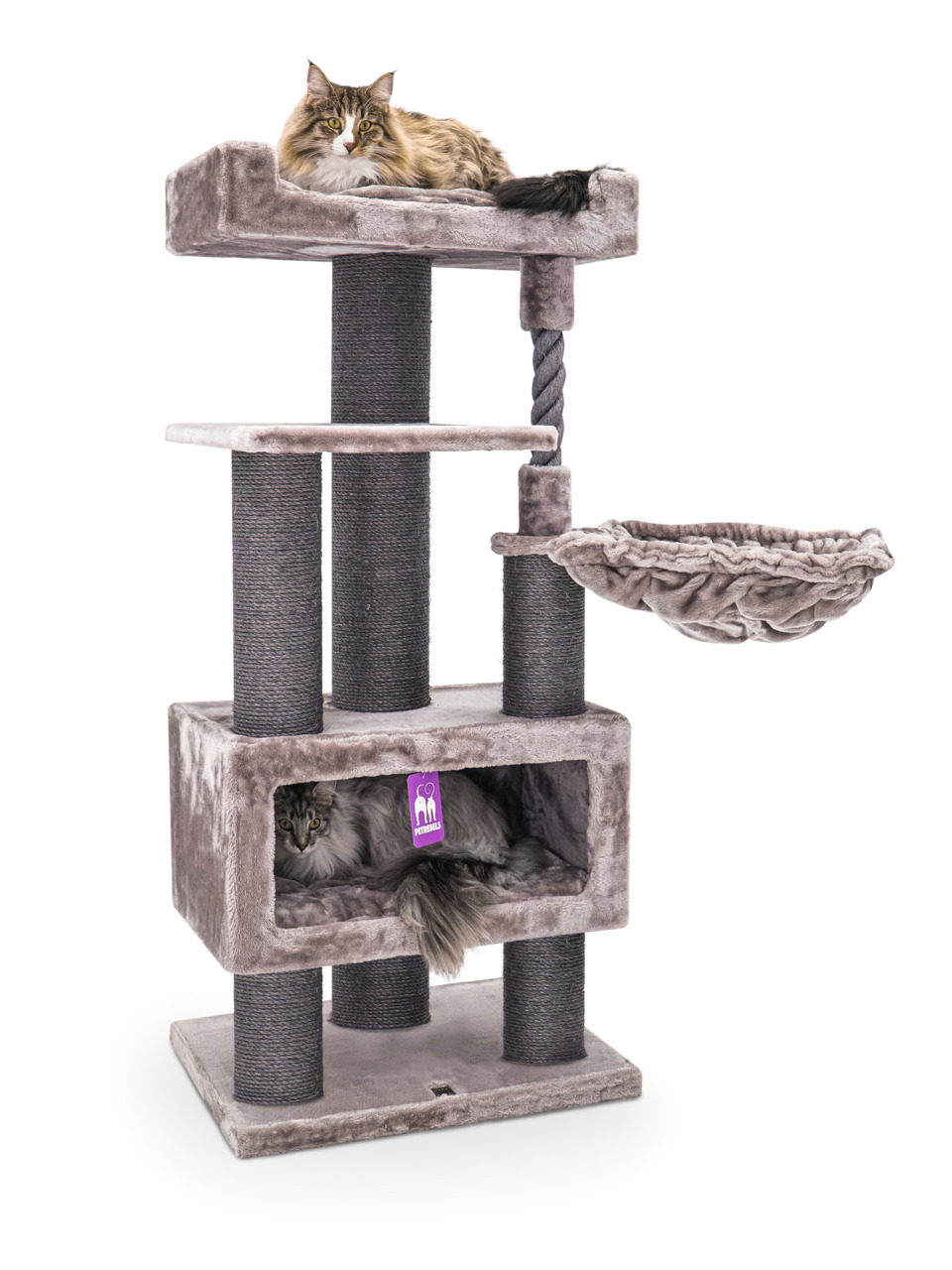 Petrebels Maine Coon Lounge, Kratzbaum für große Katzen, grau, mit Liegeflächen, Hängematte & Höhle, ideal zum Spielen & Entspannen.