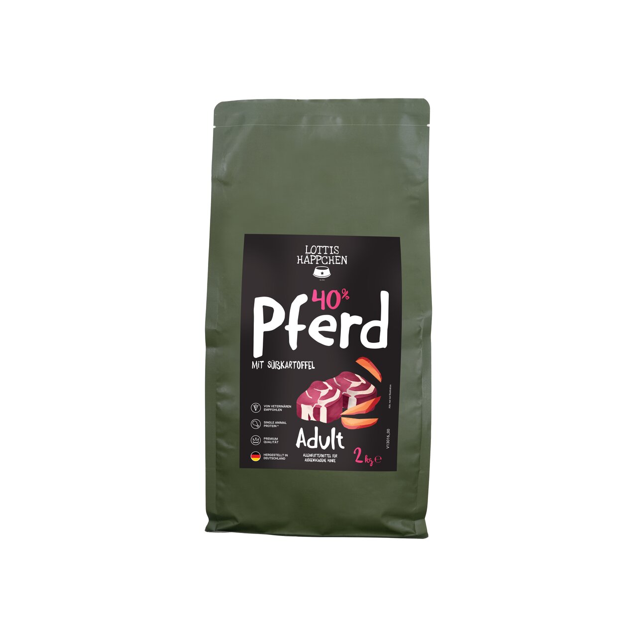 LOTTIS HÄPPCHEN Hundefutter für Erwachsene, 40 % Pferd mit Süßkartoffel, Alleinfuttermittel, 2 kg Packung.