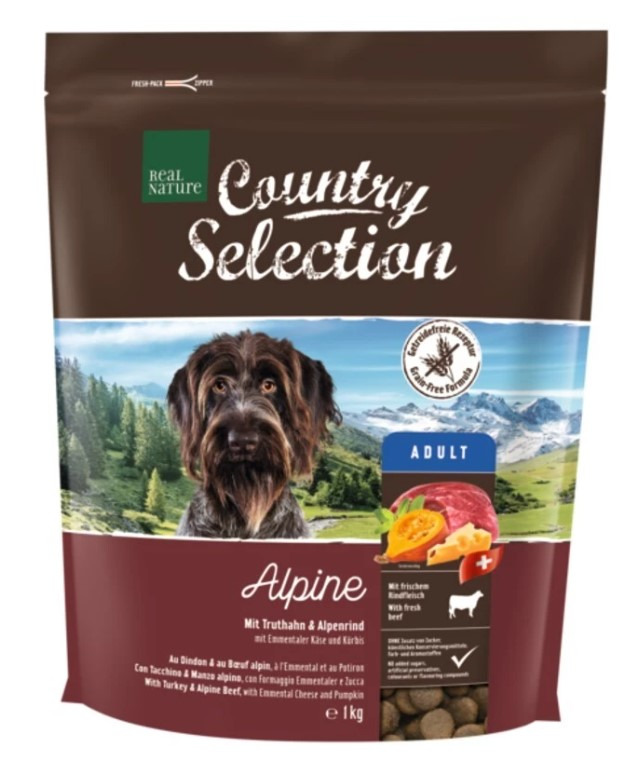 REAL NATURE Country Selection Alpine, Adult, Truthahn & Alpenrind mit Emmentaler & Kürbis, 1 kg, getreidefreies Trockenfutter.