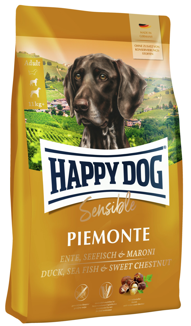 HAPPY DOG Sensible Piemonte, für Hunde ab 11 kg, Ente, Seefisch & Maroni,  „Made in Germany“, ohne Konservierungsstoffe, 4 kg.
