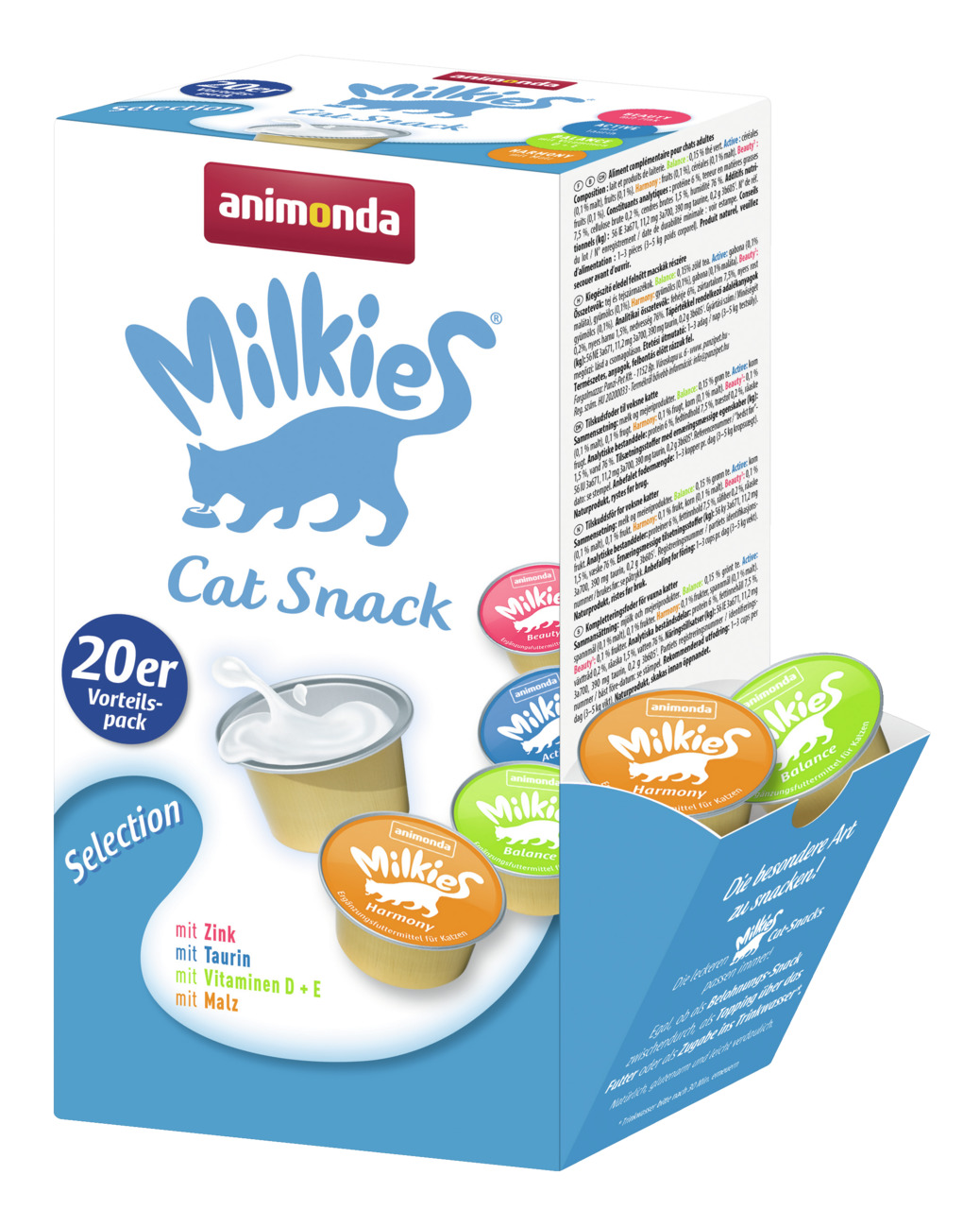 animonda Milkies Cat Snack Selection, 20er-Pack, Katzen, Geschmacksr.: Balance, Harmony, Beauty, Active, mit Zink, Taurin, Vit. D+E, Malz.