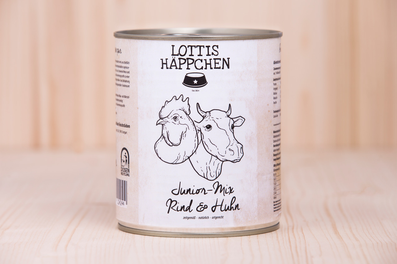 Lottis Häppchen Junior-Mix Rind & Huhn, für junge Hunde, Geschmacksr. Rind & Huhn, mit Illustrationen von Huhn & Kuh.
