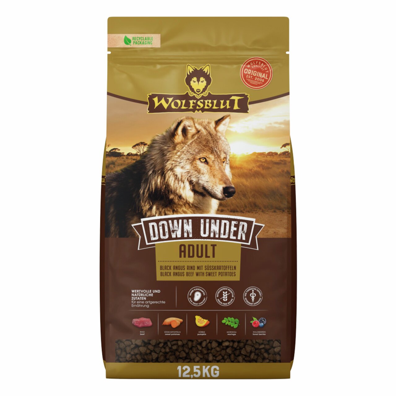 WOLFSBLUT Down Under Adult, Trockenfutter für Hunde, Geschmack Black Angus mit Süßkartoffeln, 12,5 kg Packung.
