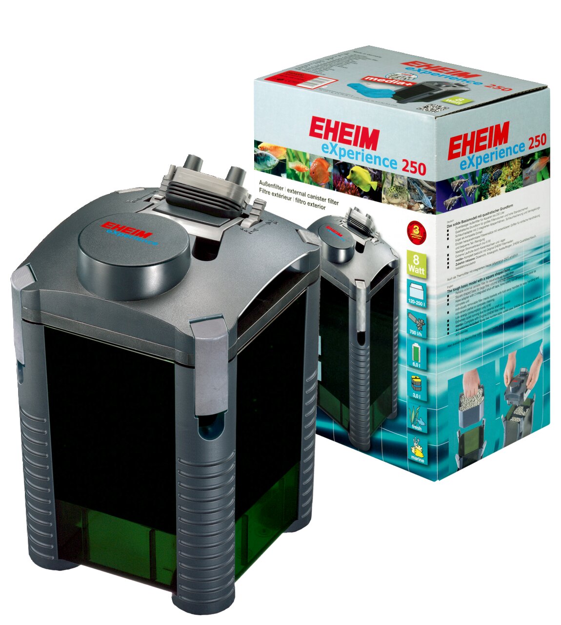 EHEIM Außenfilter „eXperience 250“: Für Süß--Meerwasseraquarien, 8W, 700 l-h, effiziente Wasserreinigung, einfache Handhabung.
