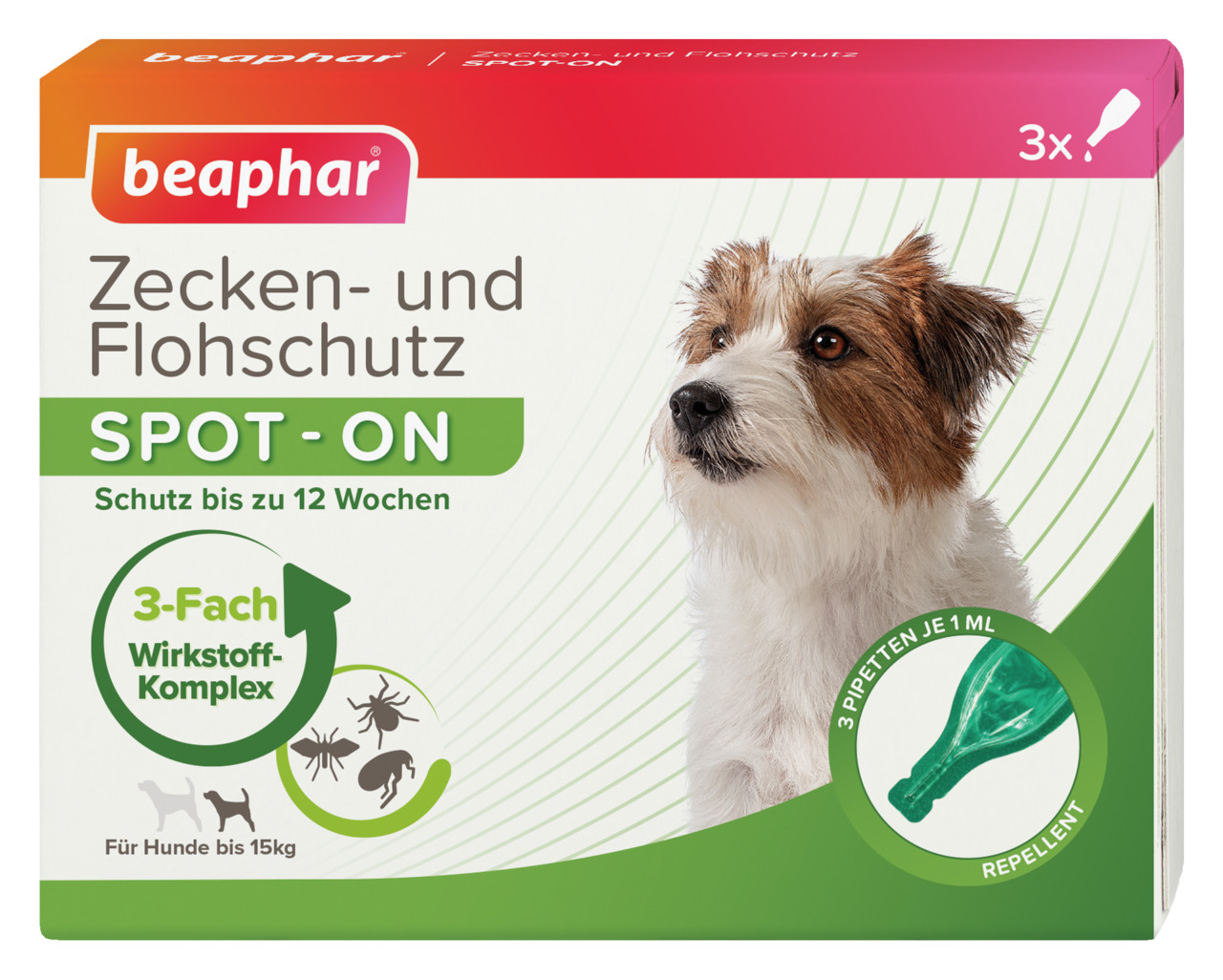 beaphar Zecken- u. Flohschutz Spot-On, Hunde bis 15 kg, Schutz bis 12 Wo., 3 Pipetten à 1 ml, 3-fach Wirkstoff-Komplex.