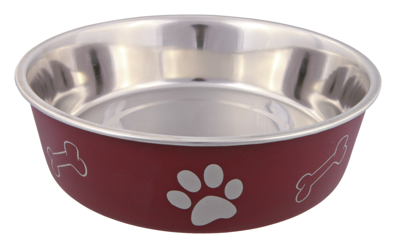 TRIXIE Futternapf für Hunde, Edelstahl, rot mit Pfoten--Knochenmotiven, robust, leicht zu reinigen, ideal für Futter-Wasser.
