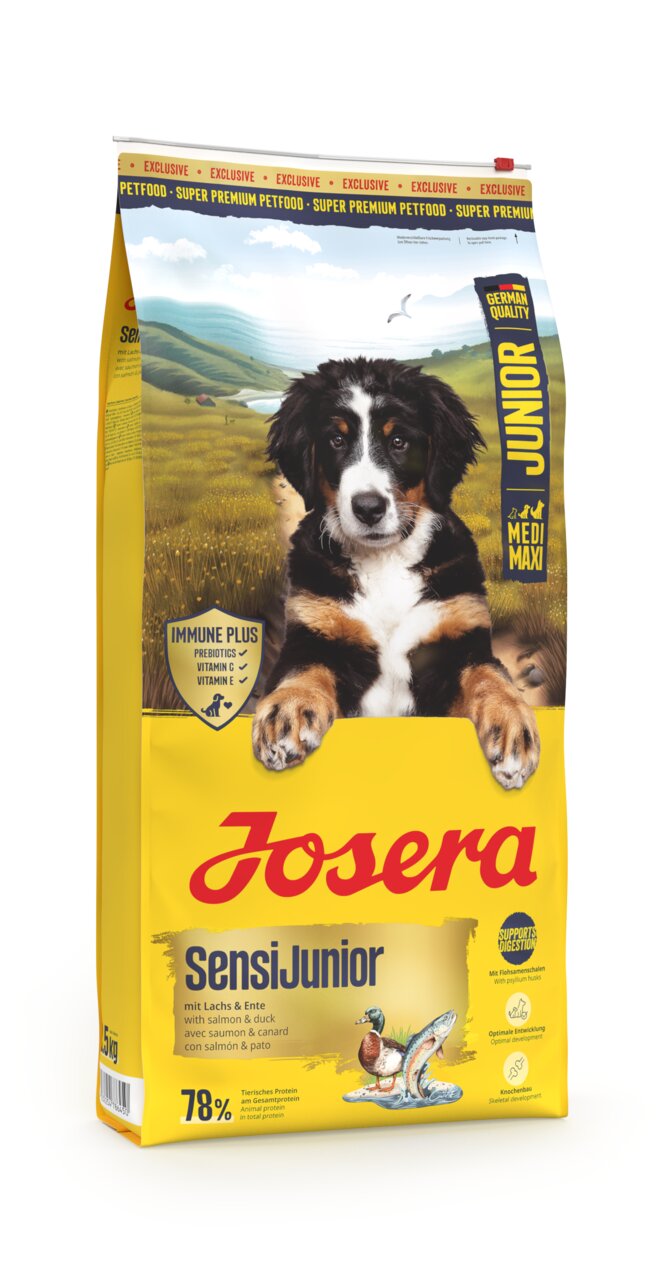 Josera SensiJunior für Junghunde, Geschmacksrichtung Lachs & Ente, unterstützt Verdauung, 78% tierisches Protein, 15 kg.