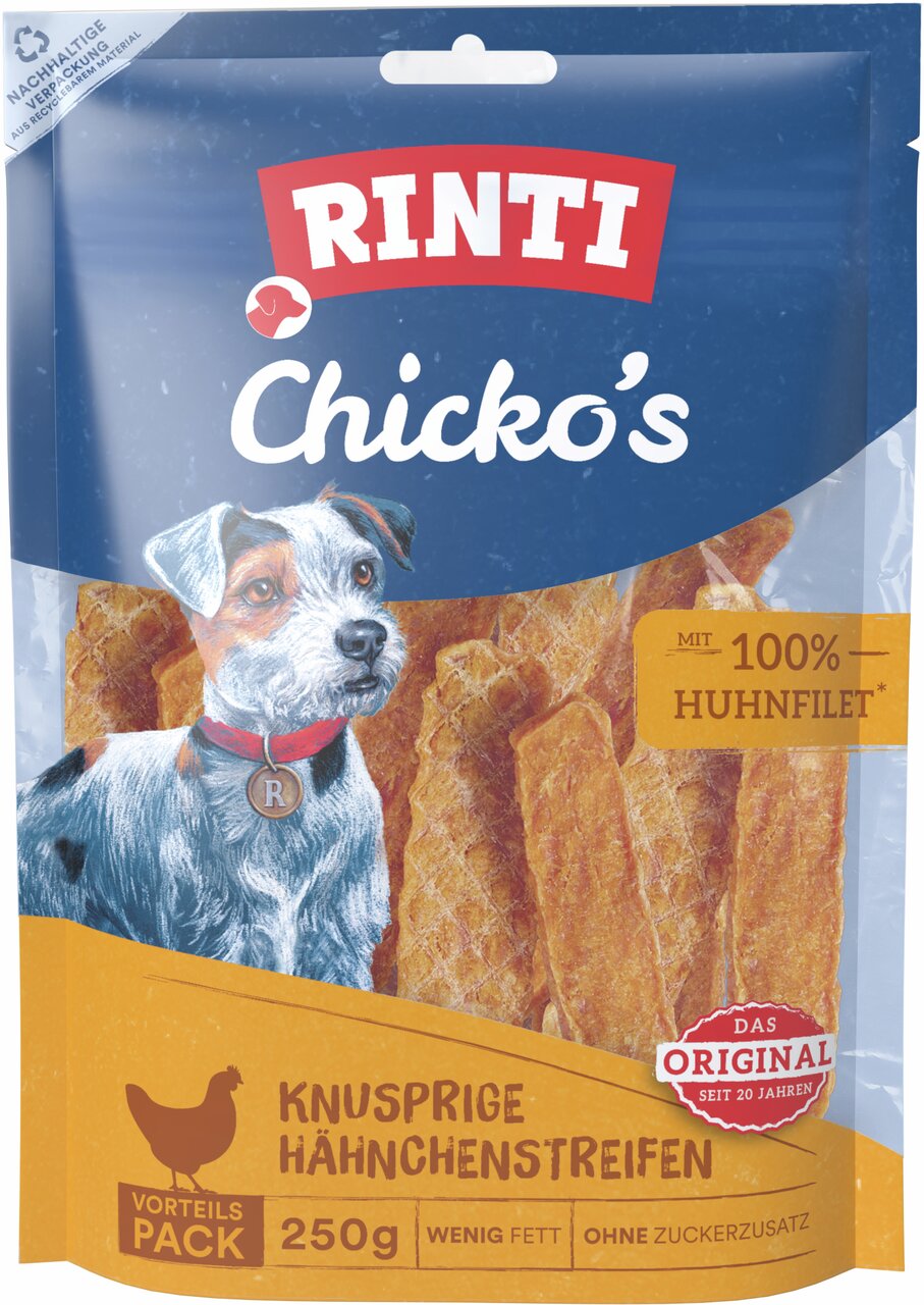 RINTI Chicko’s, Hundesnack aus 100 % Hühnerfilet, wenig Fett, ohne Zuckerzusatz, knusprig, Vorteilspack 250 g.