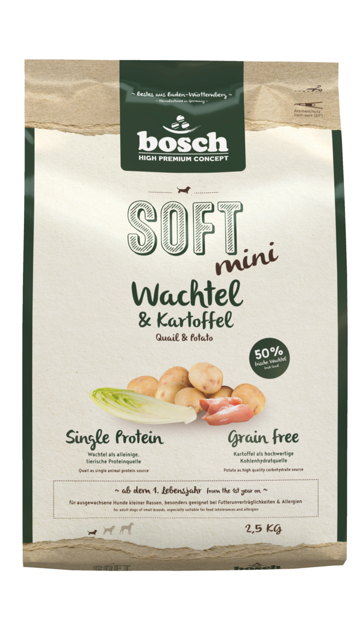 bosch High Premium Concept Soft Mini Wachtel & Kartoffel, getreidefrei, Single-Protein, für kl. Hunde ab 1 Jahr, 2,5 kg.