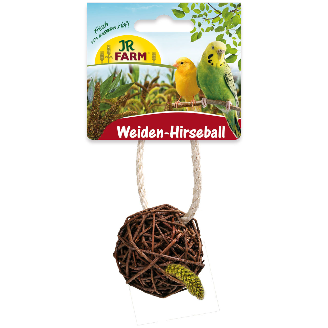 JR FARM Weiden-Hirseball: Naturspielzeug für Ziervögel (Wellensittiche, Kanarienvögel), Hirsefüllung, „Frisch von unserem Hof!“.