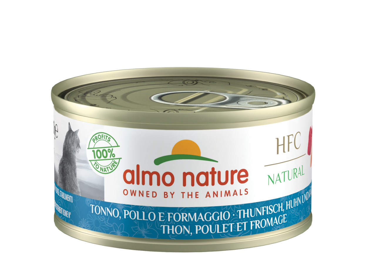 Almo Nature HFC Natural Katzenfutter, Thunfisch-Huhn-Käse, 70 g, Katzen, „100% Profits to Nature“, „Owned by the Animals“.