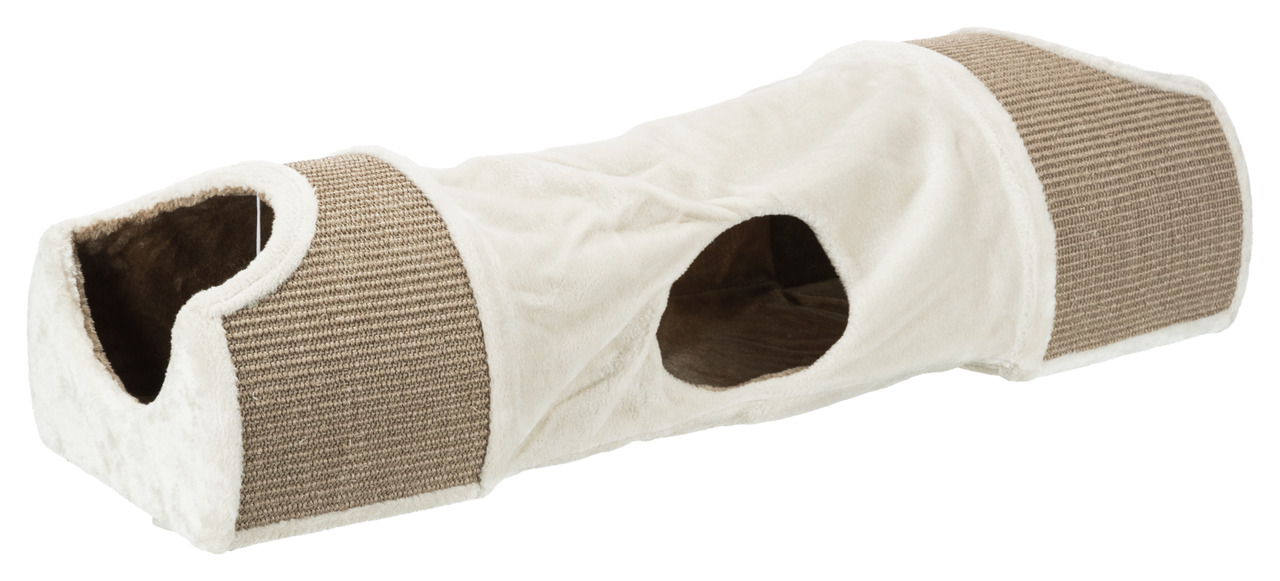 Das Bild zeigt den TRIXIE Spieltunnel für Katzen, geeignet für alle Katzenrassen. Der Tunnel ist beige mit braunen Kratzflächen aus Sisal und hat mehrere Öffnungen, die zum Spielen und Verstecken einladen. Er besteht aus weichem Plüschmaterial und misst c