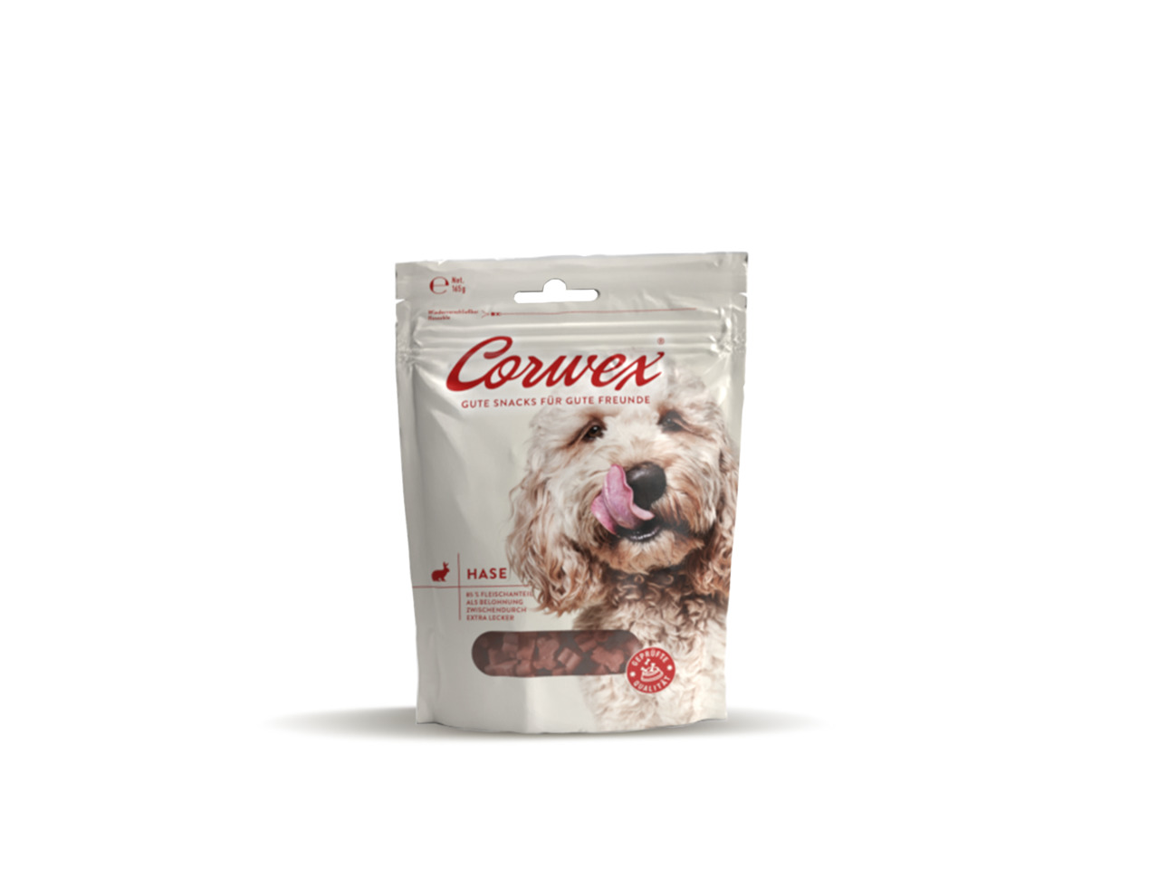 Corwex Hundesnack Hase, 85 g, für Hunde: „Gute Snacks für gute Freunde“, fröhlicher Hund auf Verpackung.